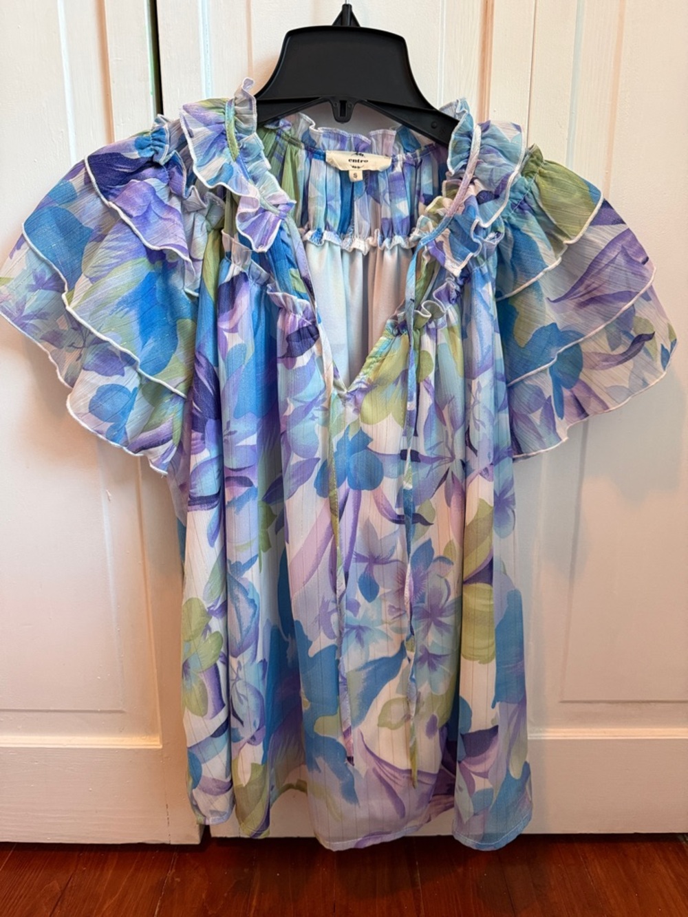 Entro Blue Multi Floral Ruffle Sleeve Blouse